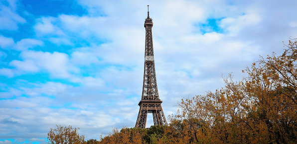 Landscape view at Eiffel Tower with autumn leaves  with blue sky background in Paris, France