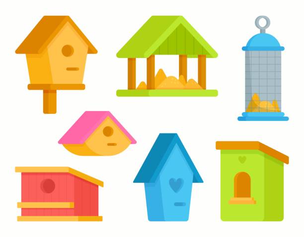 ilustraciones, imágenes clip art, dibujos animados e iconos de stock de ilustración vectorial de un conjunto de comederos de aves - birdhouse animal nest bird tree