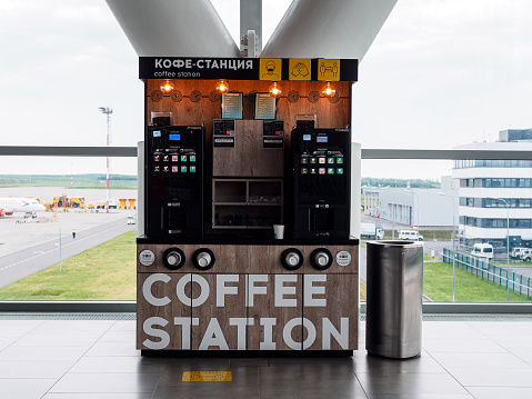 Rostov-on-Don, Russia - May 23, 2021: coffee station at Platov international airport