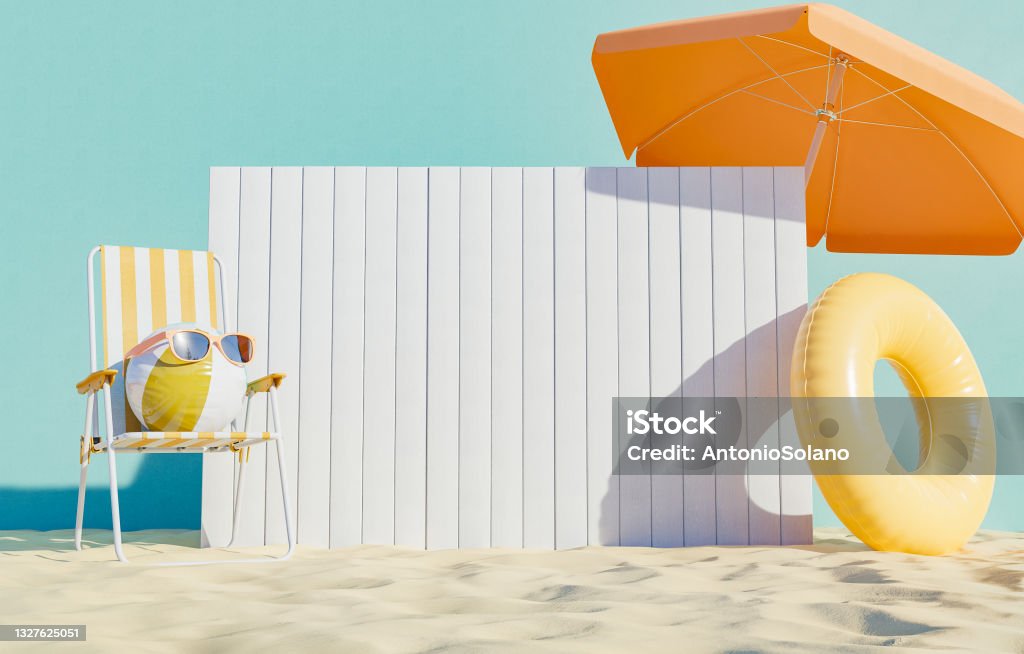 signboard on beach white wooden board on beach sand with float and outdoor chair. space for text. summer concept. 3d render Summer Stock Photo