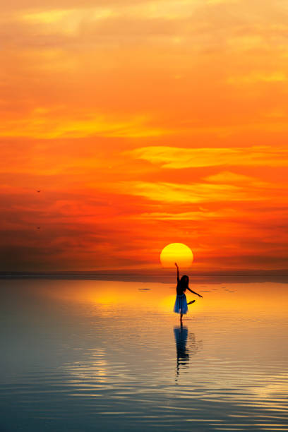 ballerine dansant sur le lac au coucher du soleil - water lake reflection tranquil scene photos et images de collection