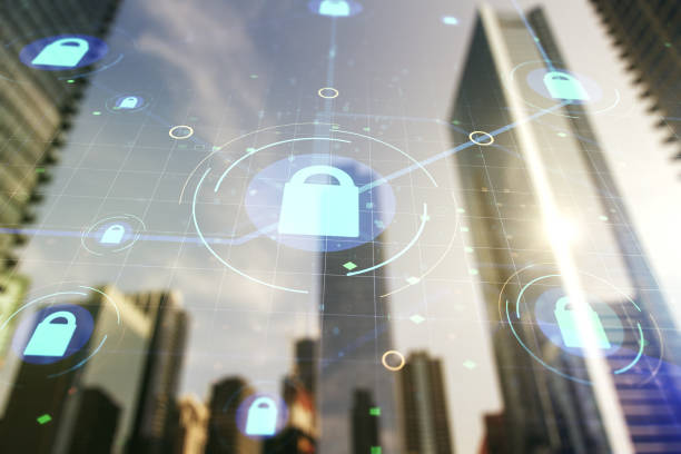 istock Virtual creative lock sketch with chip hologram on blurry cityscape background, protection of personal data concept. Multiexposure 1327626928
