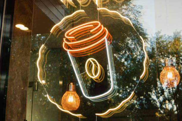neon coffee glass sign cafe windows case.concept cafeteria advertising