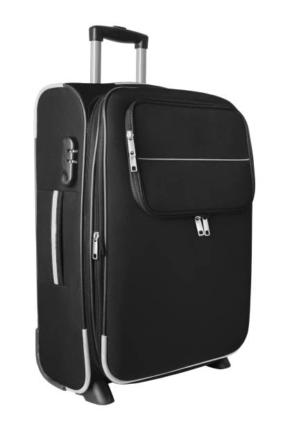 istock Black fabric travel suitcase wheels, zipper, handle, lock white background isolated side view, large baggage case, big luggage trolley bag, summer holidays, tourism, vacation, business trip accessory 1327627528