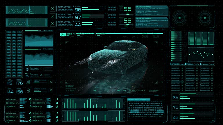 The digital hud interface of the dashboard, with the system of automatic piloting of a modern super-electric car, using software and artificial intelligence.