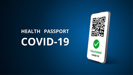 Realistic mobile phone with covid 19 vaccination certificates. Template for tourist electronic passports without coronavirus. Dark background. Smartphone mockup. Isolated 3d vector