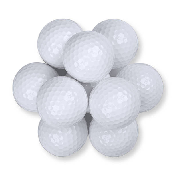 istock Golf balls stacked in pyramid shape, from above, on white background 1327627984