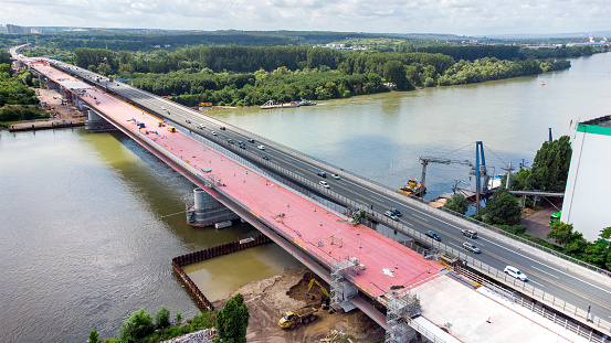 Aerial view of large bridge construction site Schiersteiner Bruecke - A643