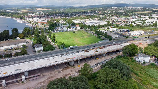 Aerial view of large bridge construction site Schiersteiner Bruecke - A643