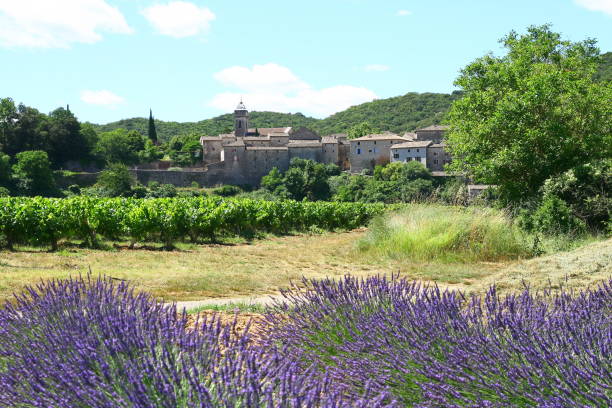 intorno al villaggio medievale di montclus nel dipartimento del gard in francia - gard foto e immagini stock