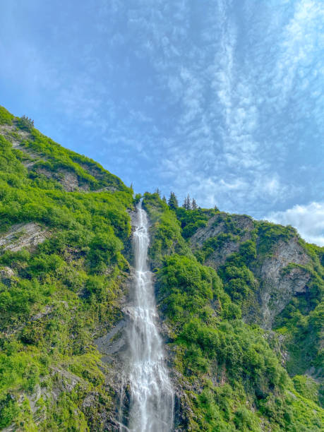 The beauty of Alaska can be seen in its various landscape features.  Traveling down the Richardson highway, in Interior Alaska, one will enter the Keystone Canyon.   The Keystone Canyon with its tall rocky cliffs also displays several waterfalls.  In the Spring these falls become surrounded by the lush green foliage. This is a site every tourist should visit on their way to Valdez, Alaska.