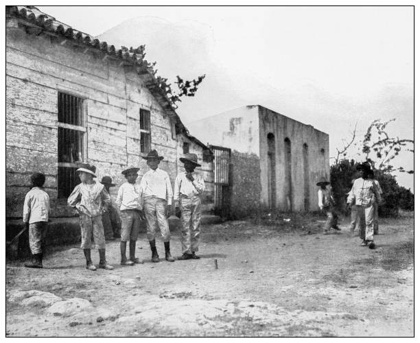 Antique black and white photograph: Suburbs of Havana, Cuba Antique black and white photograph of people from islands in the Caribbean and in the Pacific Ocean; Cuba, Hawaii, Philippines and others: Suburbs of Havana, Cuba cuban ethnicity photos stock illustrations