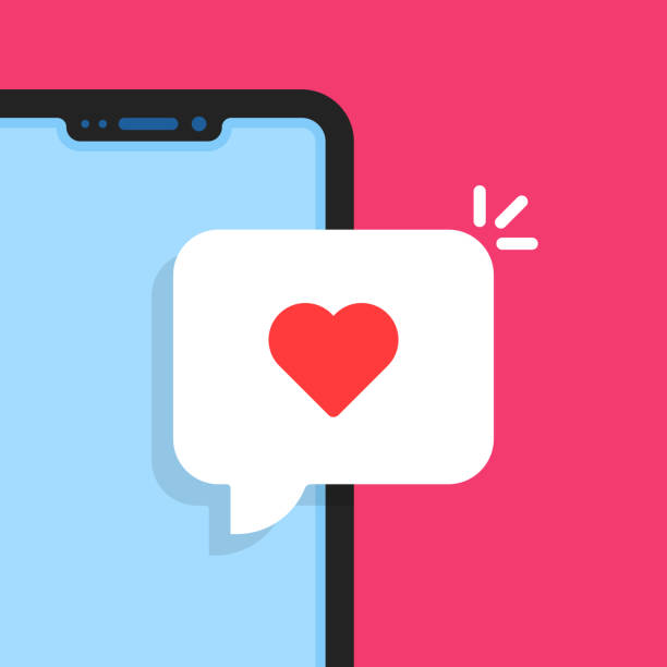 love message with cartoon smartphone love message with cartoon smartphone. concept of reminder or notify in messenger and instant message with buble. flat simple modern graphic device screen design element isolated on pink background internet dating stock illustrations