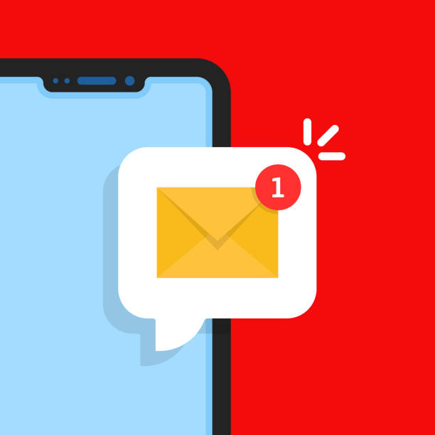 unread email notification in cartoon phone unread email notification in cartoon phone. concept of sign up notify in messenger and instant you've got mail message. flat simple modern graphic screen design element isolated on red background unread messages illustrations stock illustrations