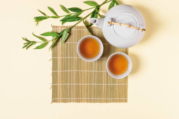 istock White teapot and tea cups with tea drink top view. 1327637833