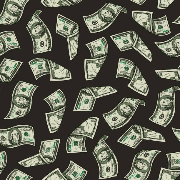 Money vintage seamless pattern with falling one hundred US dollar bills on dark background vector illustration