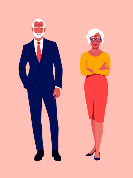 An elderly woman and a man are standing at full height. An elderly woman and a man are standing at full height. Stylish grandparents are smiling. Happy old age. Vector flat illustration portrait confidence stock illustrations