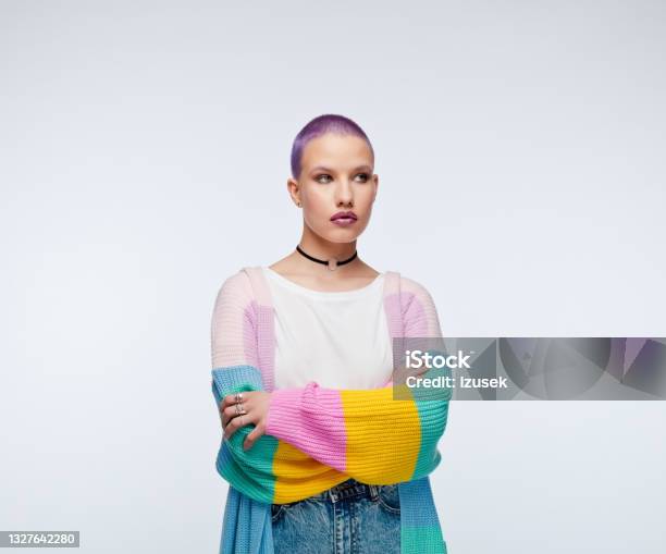 Woman With Short Purple Hair Wearing Rainbow Cardigan Stock Photo - Download Image Now