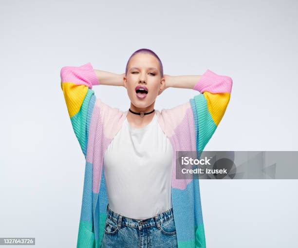 Woman With Short Purple Hair Wearing Rainbow Cardigan Stock Photo - Download Image Now