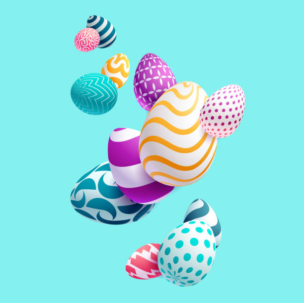 ilustraciones, imágenes clip art, dibujos animados e iconos de stock de composición de huevos de pascua 3d. antecedentes de vacaciones. - pascua