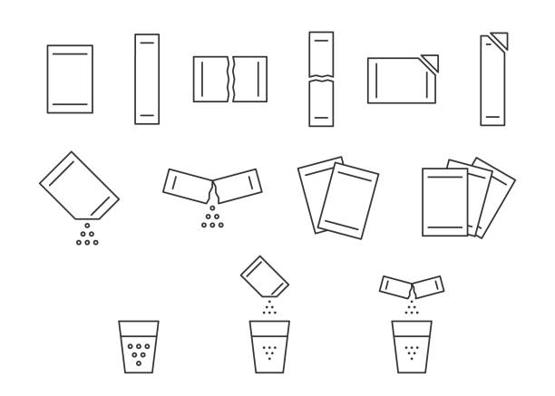 Sachet packet soluble powder line icon set. Open paper pack stick with powder. Soluble bag medication or food sugar, salt, cofee. Symbol pouch editable stroke. Vector illustration Sachet packet soluble powder line icon. Open paper pack stick with powder. Soluble bag medication or food sugar, salt, cofee. Symbol pouch editable stroke. Vector pouch stock illustrations