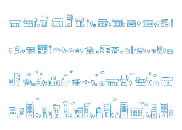 街並み、青い町。●かわいい線画イラスト集 - オフィス街　日本点のイラスト素材／クリップアート素材／マンガ素材／アイコン素材