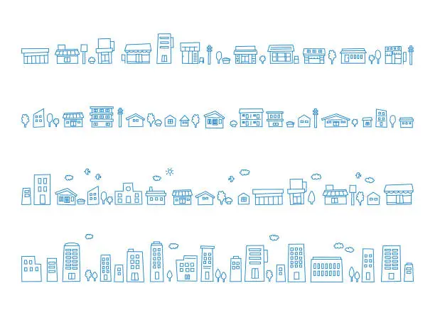 Vector illustration of Cityscape, blue town. Cute line drawing illustration collection