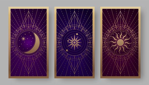 ilustraciones, imágenes clip art, dibujos animados e iconos de stock de cartas del tarot con símbolos dorados de media luna, sol y estrella - profeta