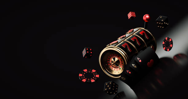 istock Casino Modern Concept. Slot Machine With Roulette Wheel Inside, Chips, Dices And Four Aces - 3D Illustration 1327647774