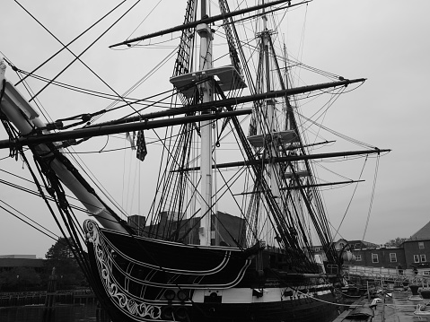 Boston, USA - June 16, 2019: Monochromatic image of the bow of the USS Constitution situated in Boston.