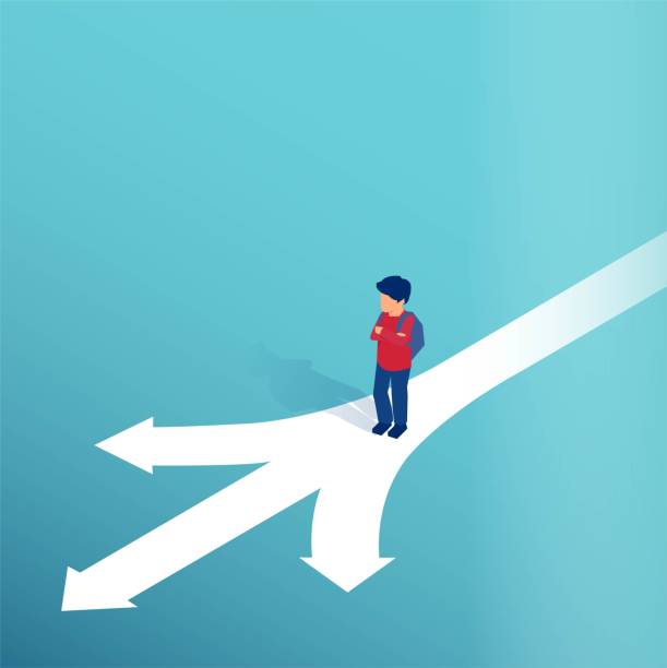 stockillustraties, clipart, cartoons en iconen met vector of a boy standing at crossroads making a decision which way to go in life - keus