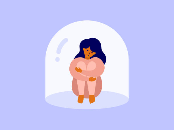 Vector illustration of upset woman sitting hugging her knees under real or imagined glass dome Unhappy woman sitting hugging her knees under real or imagined glass dome. Mental disorder, female depression, loneliness. Upset girl in psychological trapped, cage. Void or vacuum vector illustration prison illustrations stock illustrations