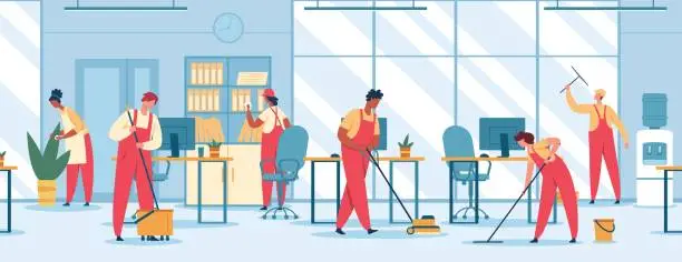 Vector illustration of Office cleaning. Team of professional cleaners mopping floor, vacuuming, wiping window. Janitors in uniform clean office vector illustration