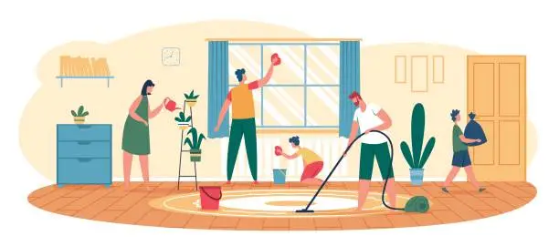 Vector illustration of Family cleaning home. Parents with kids wiping window, vacuuming floor, taking out trash. Children helping with housework vector illustration