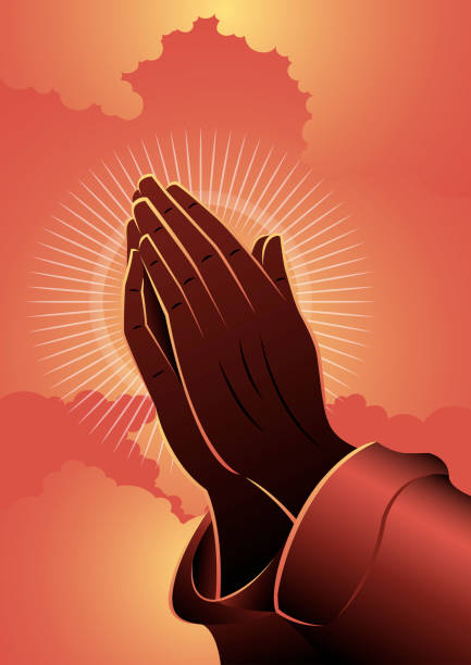 молящиеся руки на фоне красных облаков. векторное �изображение - praying stock illustrations