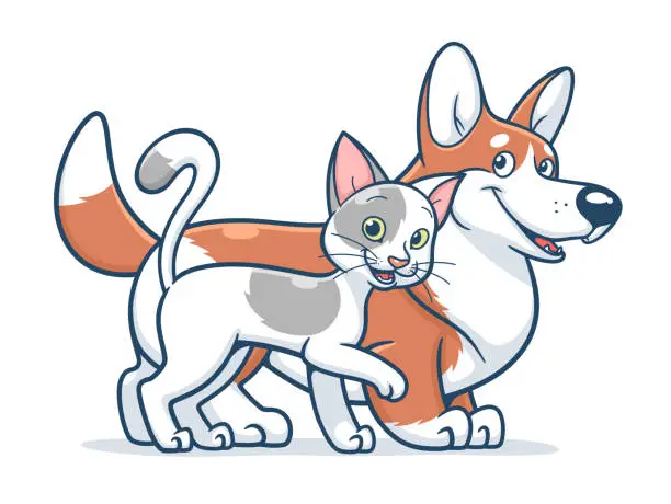 Vector illustration of Corgi and cat cute pets