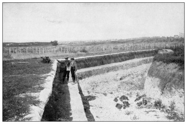 istock Antique black and white photograph: Spanish earthworks and wire trocha, Cuba 1327654002