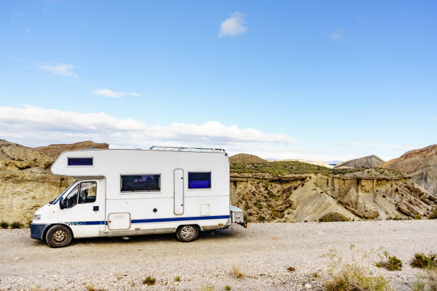istock Camper rv in Tabernas desert nature, Spain 1327656288