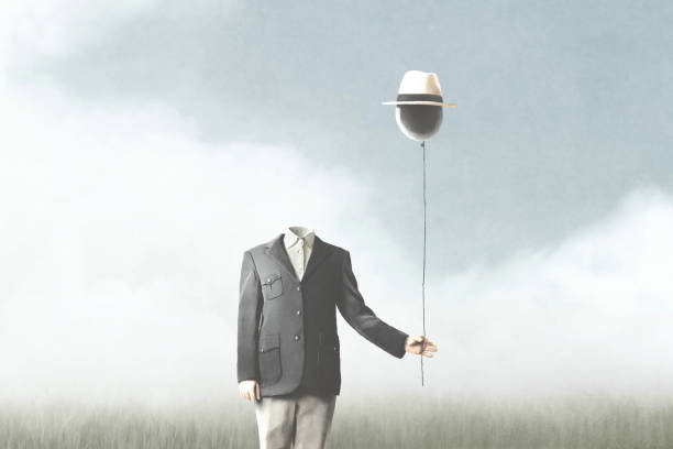 istock illustration of surreal man without face holding a black balloon, surreal  abstract concept 1327656489