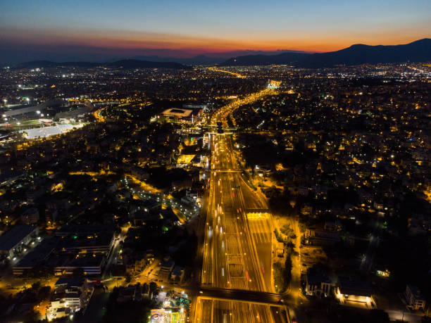 istock Aerial view of light trails in Athens, Greece 1327658400