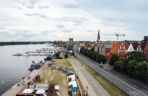 elevated view over Rostock dockside at old port promenade