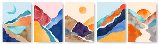 aquarell landschaft poster. abstrakte minimalistische malerei mit bergen. wandkunst poster mit aquarell textur natur elemente vektor set - bilder landschaften stock-grafiken, -clipart, -cartoons und -symbole