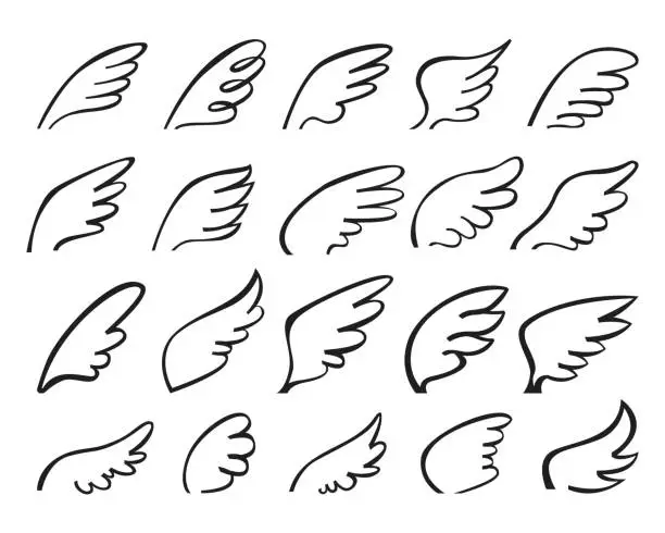 Vector illustration of Hand drawn angel wings icon. Stylized winged birds outline logo, flying dove feathers tattoo sketch. Cute angelic wing doodles vector set