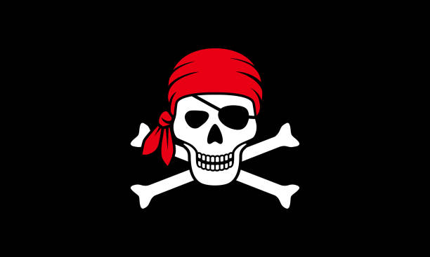 JR Symbol Jolly Roger. Pirate flag with white skull and bones isolated on black background. Vector illustration pirate flag stock illustrations