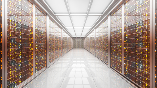 Server racks in server interior room data center. Server room center exchanging cyber datas and connections. Network security. Working Data Center. Supercomputer Technology Concept. 3d rendering
