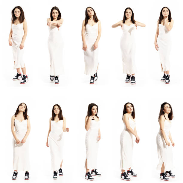 Collection of negative emotion and gestures by stylish gen Z girls in dress with sneakers. Collection of negative emotion and gestures by stylish gen Z girls in dress with sneakers. Full body people isolated on white background sequence dress stock pictures, royalty-free photos & images