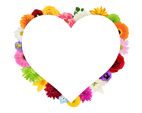 White heart shape surrounded by colorful flowers - add your own text!