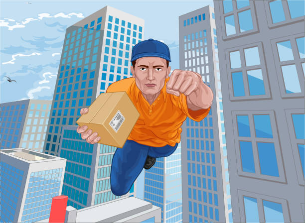 lieferung courier superheld fliegen superheld - superhero comic book cityscape flying stock-grafiken, -clipart, -cartoons und -symbole