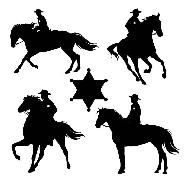 wild west sheriff cowboy riding horse black vector silhouette set american sheriff officer riding horse - wild west mounted ranger black and white vector silhouette set silhouette of a cowboys logo pic stock illustrations