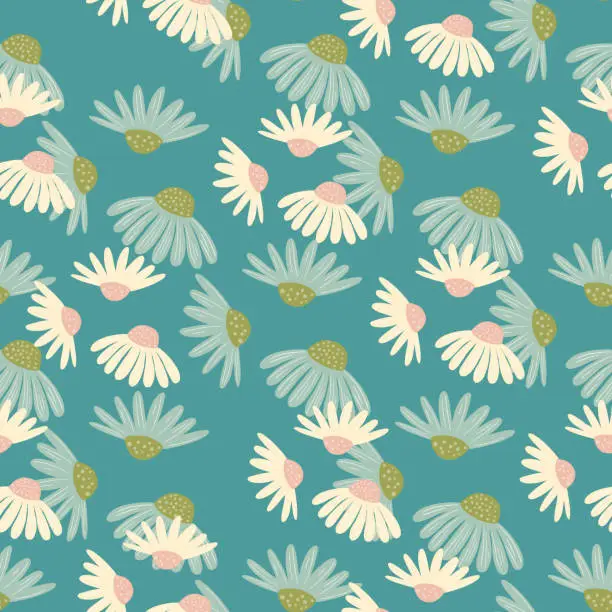 Vector illustration of Decorative summer seamless pattern with random daisy flowers shapes. Turquoise bright background.